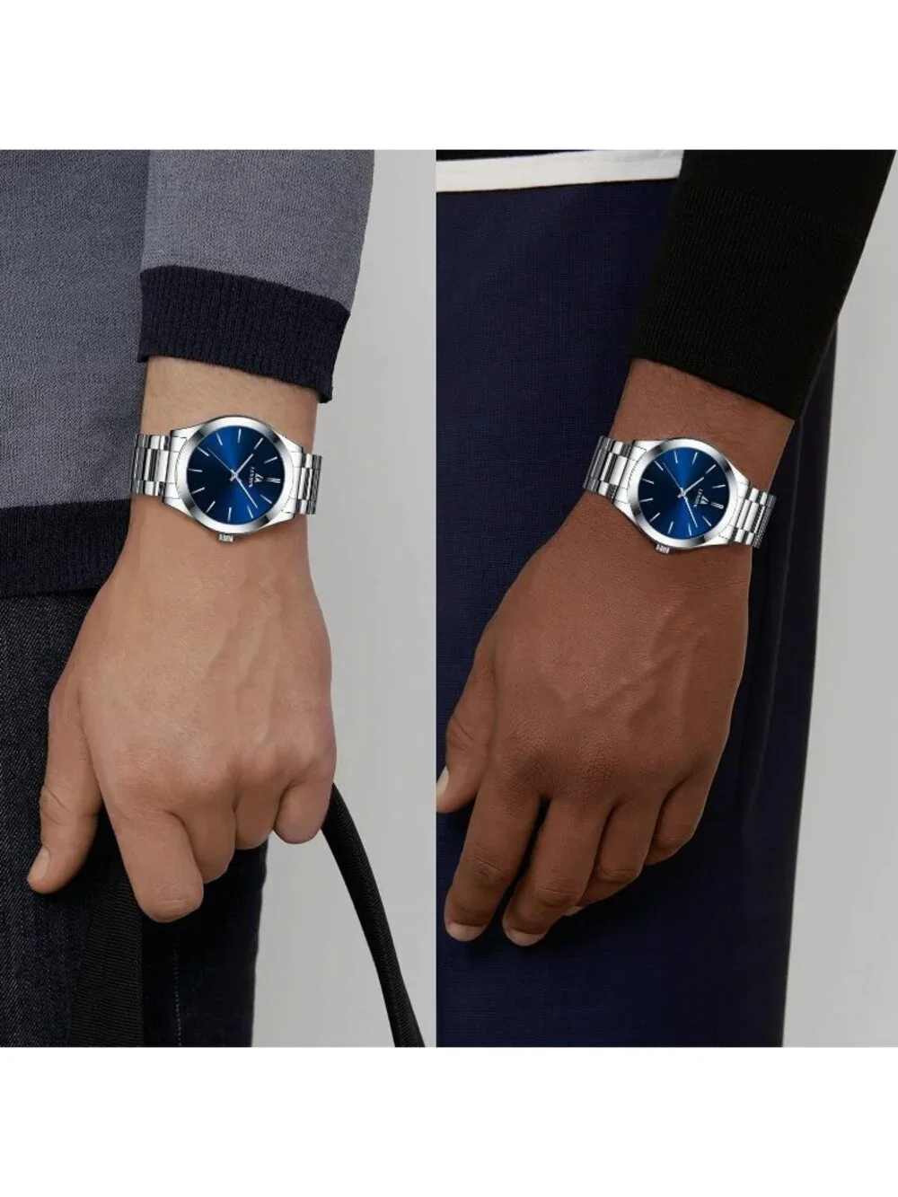 Men's Silver Blue Classic Waterproof Stainless Steel Analog Quartz Luxury Watch